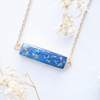 Real Dried Flowers and Resin Necklace, Blue Bar Geode in Purple Blue Orange and Gold - Thumbnail 4