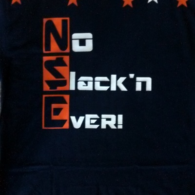 N$e no$lacknever! (navyblue,orange&white) block letter t-shirt.