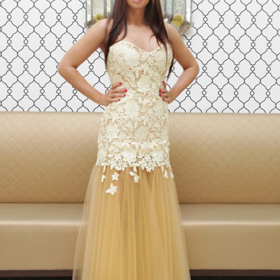 Champagne sweetheart floor length long lace appliques mermaid prom evening dress formal gowns e297