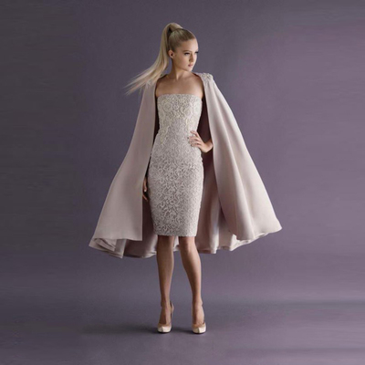 Fashion Sheath Short Lace Beaded Knee Length Prom Party Dresses With Cape E301