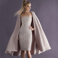 Fashion Sheath Short Lace Beaded Knee Length Prom Party Dresses With Cape E301 - Thumbnail 1