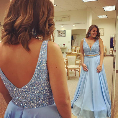 Fashion a-line v-neck blue rhinestones chiffon long prom party dresses plus size e303