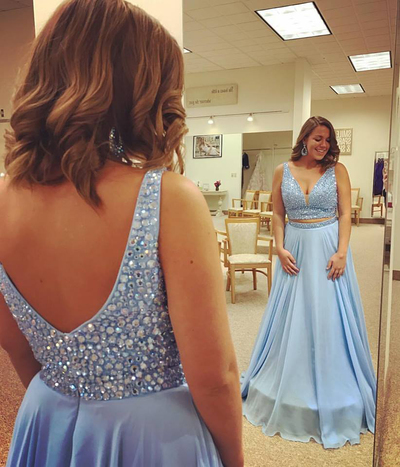 Fashion A-line V-neck Blue Rhinestones Chiffon Long Prom Party Dresses Plus Size E303