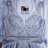 Fashion A-line V-neck Blue Rhinestones Chiffon Long Prom Party Dresses Plus Size E303 - Thumbnail 1