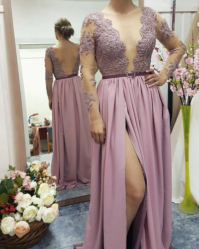 Sexy Backless V-neck A-line Long Sleeves Lace Appliques Beaded Prom Evening Dress With High Slit Prom Party Dresses Long E304