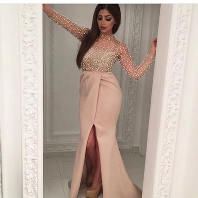 Sexy see through high neck heavy beaded crystal long prom dress long sleeves mermaid prom party dresses with slit e310