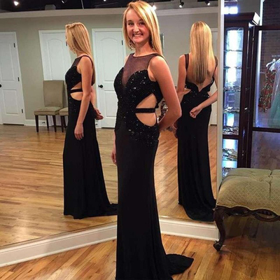 Black sequins prom dresses sexy open back long spandex mermaid prom evening dress plus size e312