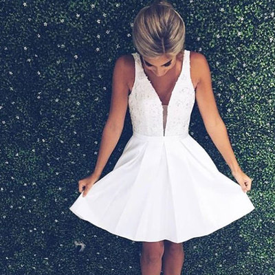 V neck white short homecoming dresses with applqiues lace - Thumbnail 5