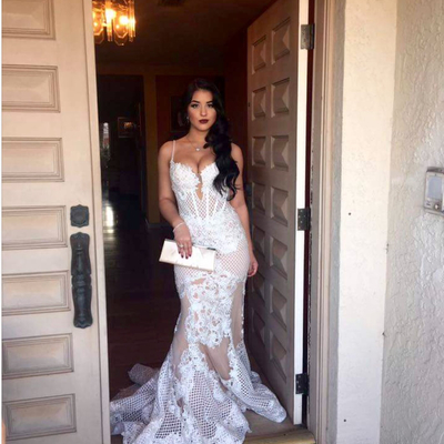 Sexy spaghetti straps lace appliques mermaid evening prom dress evening gown long e313