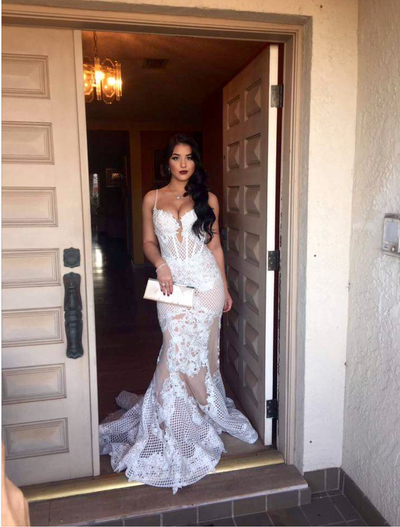 Sexy Spaghetti Straps Lace Appliques Mermaid Evening Prom Dress Evening Gown Long E313