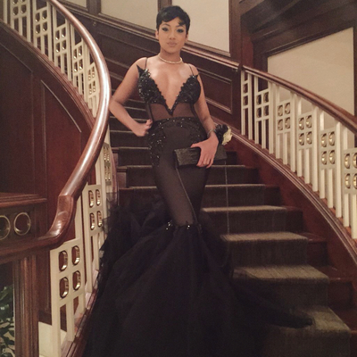 Sexy prom dress black spaghetti straps long bodices beaded mermaid prom party dresses e315