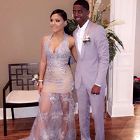 Charming Halter Sheath Lace Appliques Beaded Crystal Prom Party Dresses Sexy Evening Dress Long E316 - Thumbnail 1