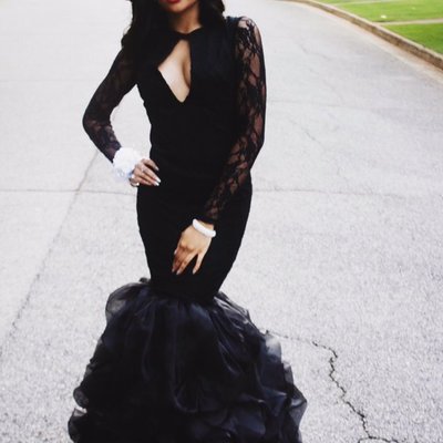 Fashion black long sleeve lace prom evening dress plus size mermaid tiered ruffles organza prom party dresses e317