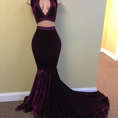 Two piece prom dress simple deep v-neck velvet mermaid prom party dresses plus size e321