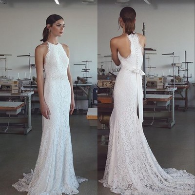High quality french lace wedding dress,slim halter neckline bridal dress