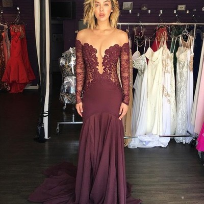 Sexy o-neck long sleeves lace prom evening dress long plus size burgundy mermaid chiffon evening formal gowns e323