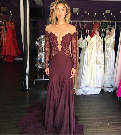 Sexy O-neck Long Sleeves Lace Prom Evening Dress Long Plus Size Burgundy Mermaid Chiffon Evening Formal Gowns E323
