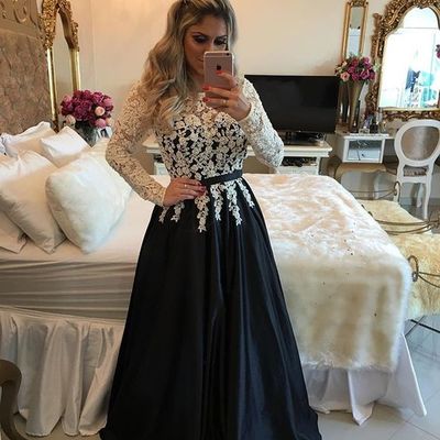 White and black prom dresses elegant a-line satin long sleeves lace evening dresses formal dress e327