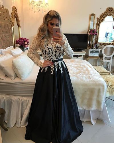 White And Black Prom Dresses Elegant A-line Satin Long Sleeves Lace Evening Dresses Formal Dress E327