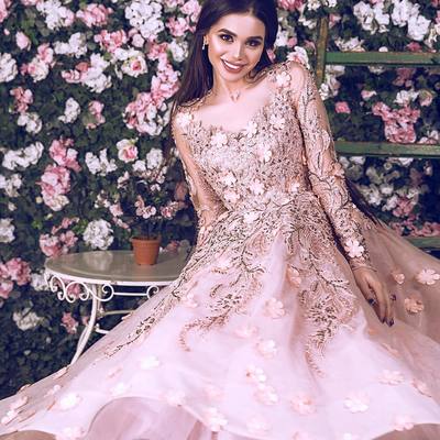 Short prom dresses gorgeous a-line pink tea length long sleeves lace beaded flowers prom party dresses e332