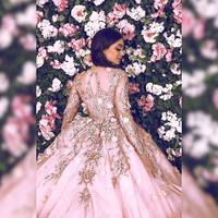 Short Prom Dresses Gorgeous A-line Pink Tea Length Long Sleeves Lace Beaded Flowers Prom Party Dresses E332 - Thumbnail 1