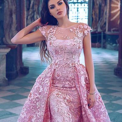 Detachable skirt evening dresses elegant cap sleeves pink long lace appliques beaded mermaid evening prom dress e333