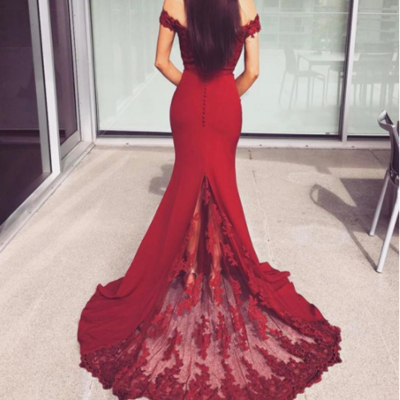 Mermaid burgundy prom dress,burgundy lace evening dress,sexy off shoulder sleeves bridesmaid dress