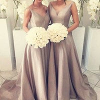 V Neck Long Bridesmaid Dresses for Wedding Party - Thumbnail 1