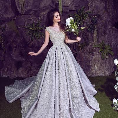 Luxury heavy pearls diamond crystal evening prom dress elegant cap sleeves a-line backless rhinestones evening formal dress e334