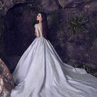 Luxury Heavy Pearls Diamond Crystal Evening Prom Dress Elegant Cap Sleeves A-line Backless Rhinestones Evening Formal Dress E334 - Thumbnail 1