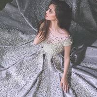 Luxury Heavy Pearls Diamond Crystal Evening Prom Dress Elegant Cap Sleeves A-line Backless Rhinestones Evening Formal Dress E334 - Thumbnail 3