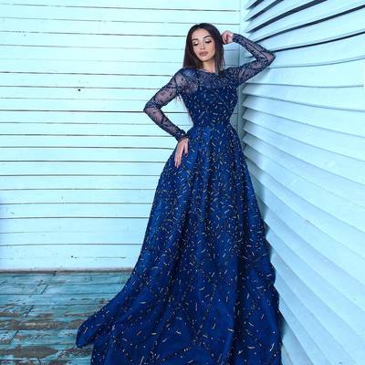Luxury heavy beading crystal sequins evening dress elegant a-line long sleeves sparkly long prom party dresses e337