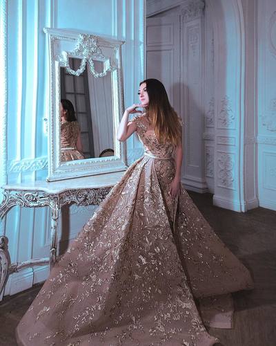 Gold Evening Dress Elegant O-neck Short Sleeves Long Lace Appliques Prom Party Dresses Formal Dress E338