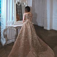 Gold Evening Dress Elegant O-neck Short Sleeves Long Lace Appliques Prom Party Dresses Formal Dress E338 - Thumbnail 1