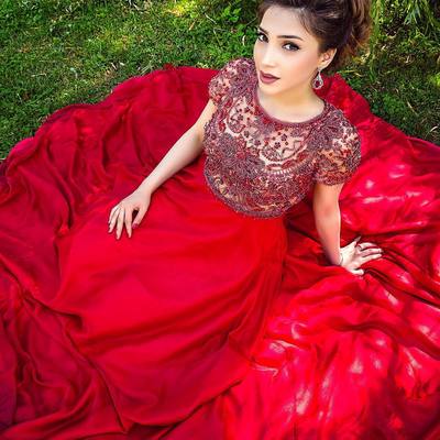 Beaded prom dresses luxury heavy beaded crystal pearls short sleeves a-line long chiffon red evening prom dress e342