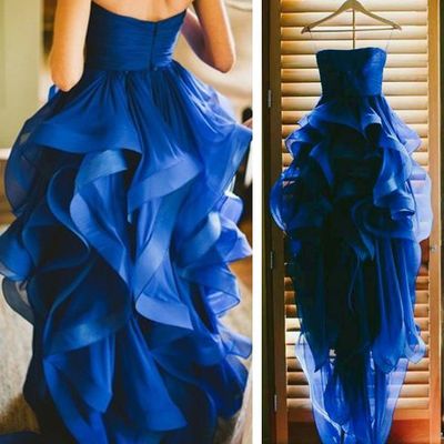 Royal blue prom dress simple a-line strapless pleat ruffles long evening prom dresses plus size e343