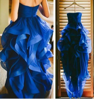 Royal Blue Prom Dress Simple A-line Strapless Pleat Ruffles Long Evening Prom Dresses Plus Size E343