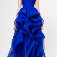 Royal Blue Prom Dress Simple A-line Strapless Pleat Ruffles Long Evening Prom Dresses Plus Size E343 - Thumbnail 1