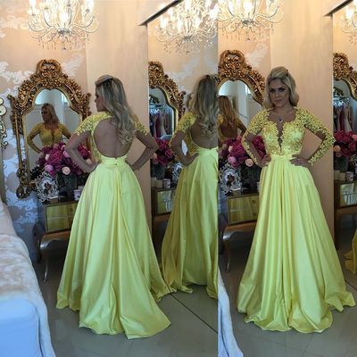 Long sleeves lace evening prom dress elegant o-neck a-line satin backless long pearls prom dress e347