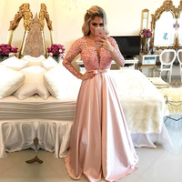 Long Sleeves Lace Evening Prom Dress Elegant O-neck A-line Satin Backless Long Pearls Prom Dress E347 - Thumbnail 4
