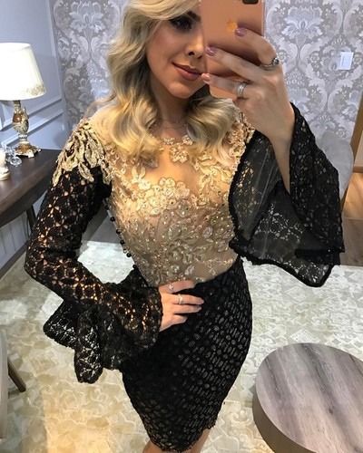 Sexy Backless Long Sleeves Lace Beaded Short Prom Dress Knee Length Prom Party Dresses E348