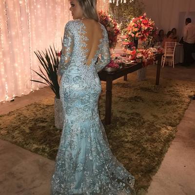 Elegant o-neck long sleeves backless lace beaded mermaid evening prom dress e349