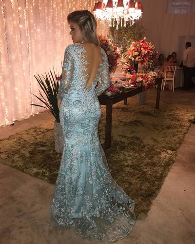 Elegant O-neck Long Sleeves Backless Lace Beaded Mermaid Evening Prom Dress E349