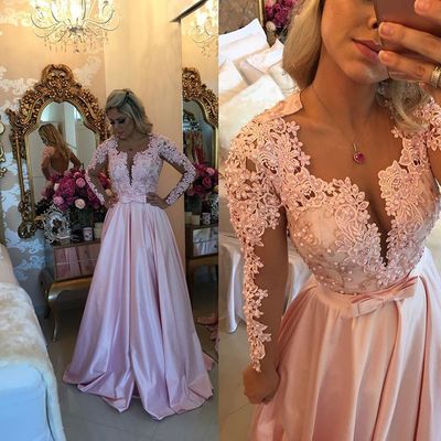Elegant A-line O-neck Backless Long Sleeves Lace Pearls Evening Prom Dress With Bows E350
