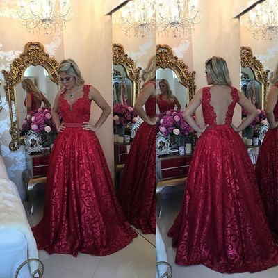 Red evening dress elegant o-neck sleeveless long  lace appliques pearls prom dress e351
