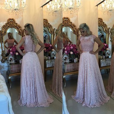 Pink pearls prom dress elegant a-line o-neck cap sleeves lace appliques evening formal dress e352