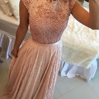 Pink Pearls Prom Dress Elegant A-line O-neck Cap Sleeves Lace Appliques Evening Formal Dress E352 - Thumbnail 1