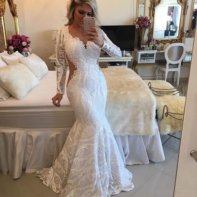 Elegant v-neck long sleeves lace appliques beaded mermaid prom evening plus size e354