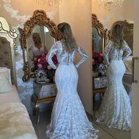 Elegant V-neck Long Sleeves Lace Appliques Beaded Mermaid Prom Evening Plus Size E354 - Thumbnail 1