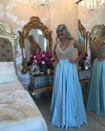 Luxury Sexy See Through Full Beaded Pearls A-line Satin Long Prom Evening Dress With Bow E355